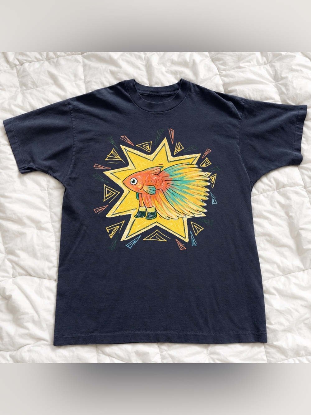 Black Fish Graphic T-Shirt with Yellow Star and Multicolor Retro Styles